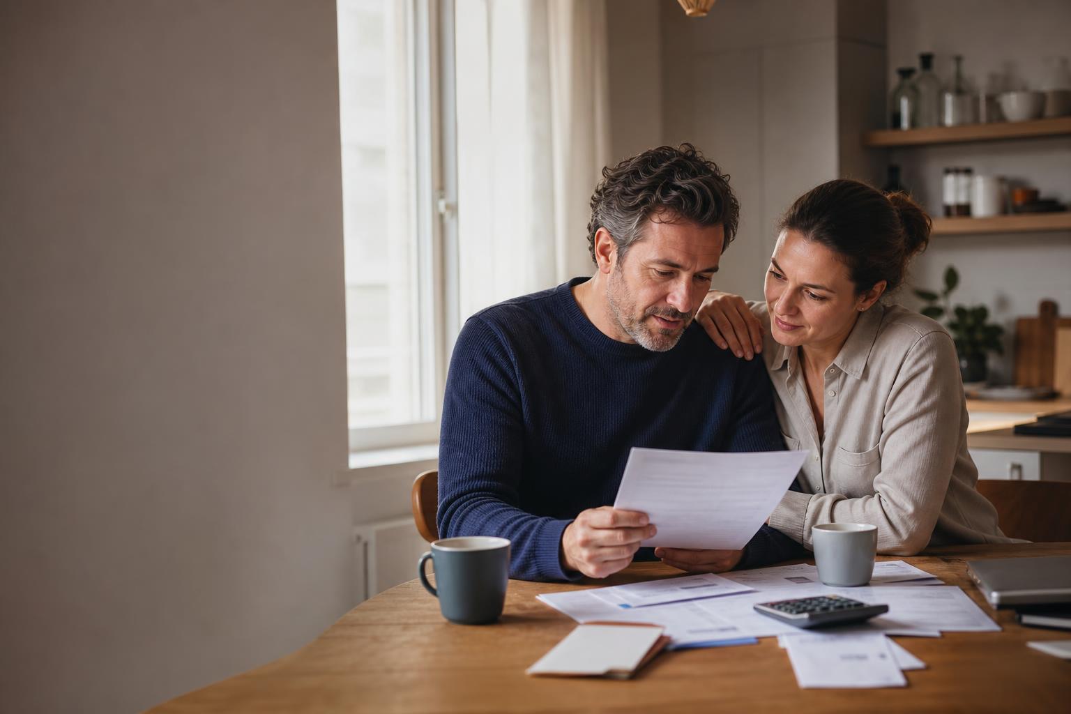Couple reviewing insurance paperwork at home